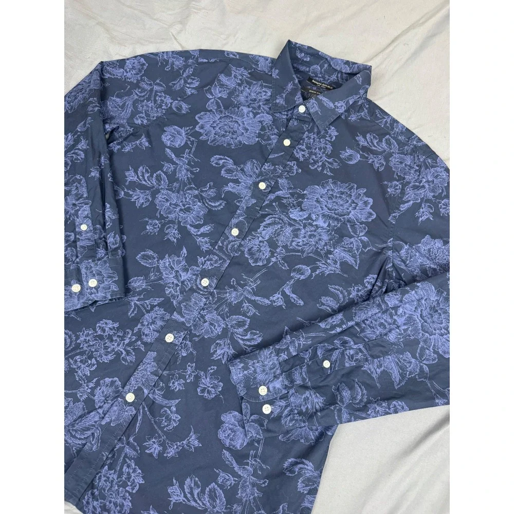 Banana Republic Mens Large Luxe Poplin Untucked Slim Fit Floral Shirt Navy Blue
